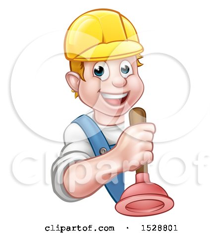 Clipart of a Happy White Male Plumber Holding a Plunger Around a Sign - Royalty Free Vector Illustration by AtStockIllustration