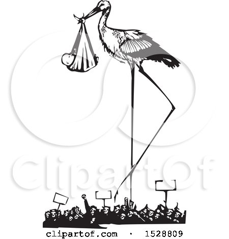 Clipart of a Stork Bird Standing over a Protesting Crowd with a Bundled Baby, Black and White Woodcut - Royalty Free Vector Illustration by xunantunich