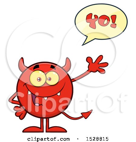Clipart of a Round Red Devil Waving and Saying Yo - Royalty Free Vector Illustration by Hit Toon