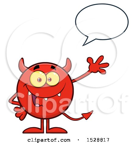 Clipart of a Round Red Devil Waving and Talking - Royalty Free Vector Illustration by Hit Toon