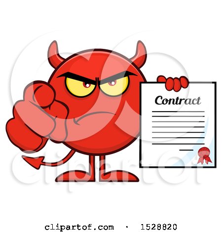 Clipart of a Round Red Devil Holding a Contract and Pointing at the Viewer - Royalty Free Vector Illustration by Hit Toon