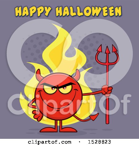 Clipart of a Round Red Devil Holding a Pitchfork and Grinning with Flames and Happy Halloween Text on Purple - Royalty Free Vector Illustration by Hit Toon