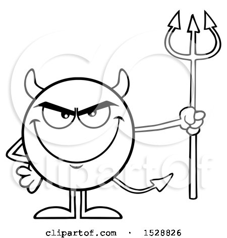 Clipart of a Black and White Round Devil Holding a Pitchfork and Grinning - Royalty Free Vector Illustration by Hit Toon