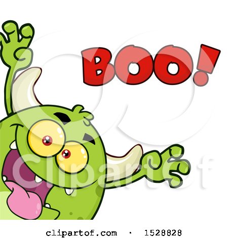 Clipart of a Short Green Monster Shouting Boo in a Scare Pose - Royalty Free Vector Illustration by Hit Toon