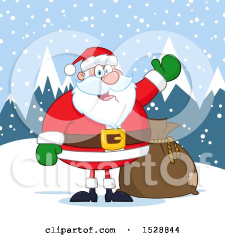Clipart of a Happy Christmas Santa Claus Presenting in the Snow - Royalty Free Vector Illustration by Hit Toon