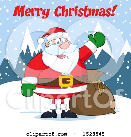 Clipart of a Merry Christmas Greeting over Santa Claus in the Snow - Royalty Free Vector Illustration by Hit Toon