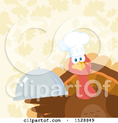 Clipart of a Thanksgiving Chef Turkey Bird Holding a Cloche Platter over Falling Autumn Leaves - Royalty Free Vector Illustration by Hit Toon