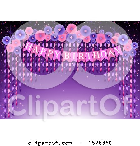 Clipart of a Happy Birthday Entry Arch with Flowers over Purple - Royalty Free Vector Illustration by dero