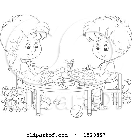 Clipart Of A Black And White Boy And Girl With Blocks And Toys At A Table Royalty Free Vector Illustration By Alex Bannykh