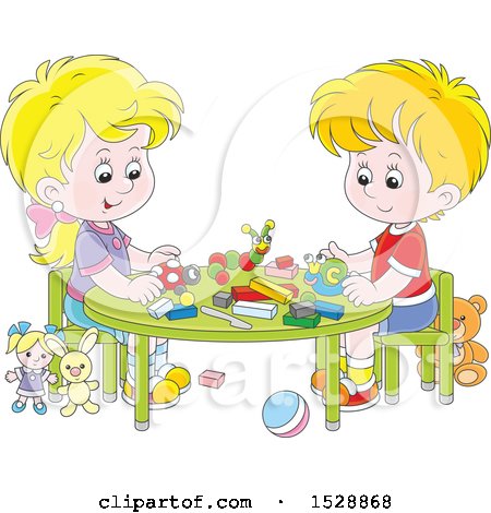 Clipart of a Caucasian Boy and Girl with Blocks and Toys at a Table - Royalty Free Vector Illustration by Alex Bannykh