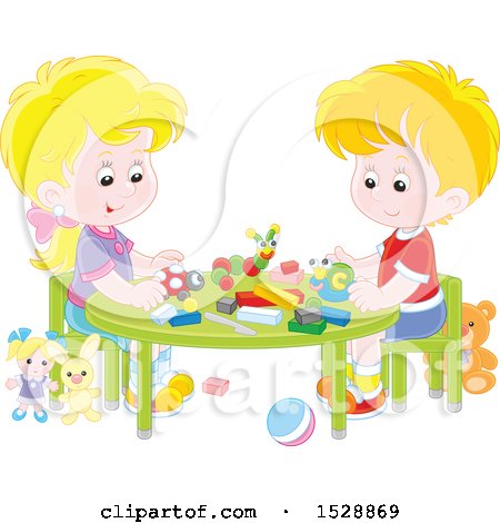 Clipart of a White Boy and Girl with Blocks and Toys at a Table - Royalty Free Vector Illustration by Alex Bannykh