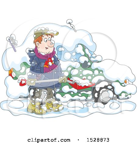Clipart of a Happy Man Shoveling Snow Around His Car - Royalty Free Vector Illustration by Alex Bannykh