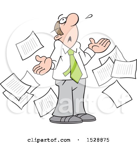 Clipart of a Cartoon White Business Man Surrounded by Documents, Looking up and Saying What Now - Royalty Free Vector Illustration by Johnny Sajem