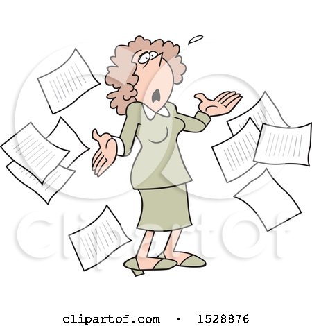 Clipart of a Cartoon White Business Woman Surrounded by Documents, Looking up and Saying What Now - Royalty Free Vector Illustration by Johnny Sajem