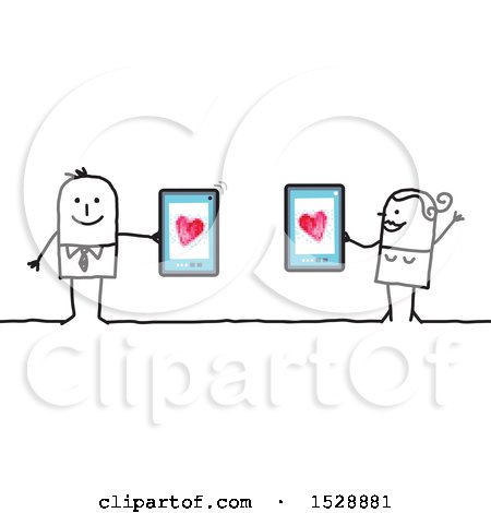 Clipart of a Stick Couple Holding Cell Phones with Hearts, Online Dating - Royalty Free Vector Illustration by NL shop