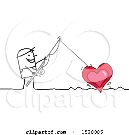 Clipart of a Stick Man Using a Fishing Pole to Reel in a Love Heart - Royalty Free Vector Illustration by NL shop