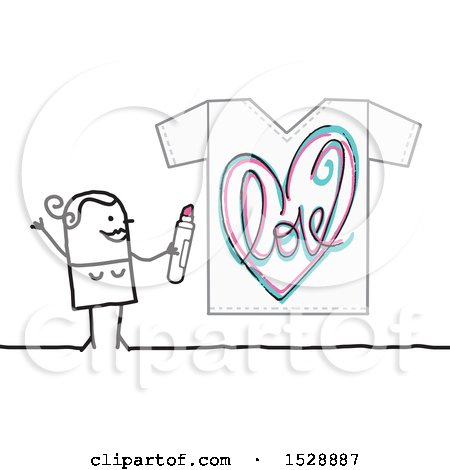 Clipart of a Stick Woman Using a Marker to Draw a Love Heart Design on a Shirt - Royalty Free Vector Illustration by NL shop