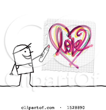 Clipart of a Stick Man Using a Marker to Draw a Love Heart on Graph Paper - Royalty Free Vector Illustration by NL shop