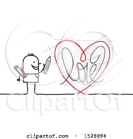 Clipart of a Stick Man Artist with a Love Heart Drawing - Royalty Free Vector Illustration by NL shop