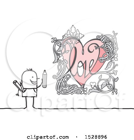 Clipart of a Stick Man with a Floral Heart Drawing - Royalty Free Vector Illustration by NL shop