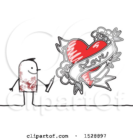 Clipart of a Tattooed Stick Man Drawing a Love Heart Design - Royalty Free Vector Illustration by NL shop