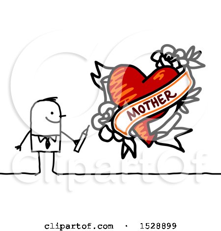Clipart of a Stick Man Drawing a Mother Love Heart Tattoo Design - Royalty Free Vector Illustration by NL shop