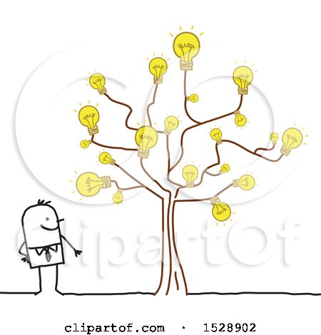 Clipart of a Stick Man by a Tree with Light Bulbs - Royalty Free Vector Illustration by NL shop