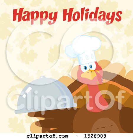 Clipart of a Happy Holidays Greeting over a Thanksgiving Chef Turkey Bird Holding a Cloche Platter over Falling Autumn Leaves - Royalty Free Vector Illustration by Hit Toon