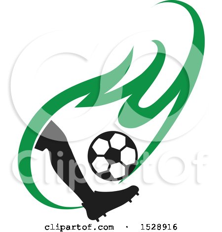 Clipart of a Silhouetted Leg Kicking a Soccer Ball in a Green Flame - Royalty Free Vector Illustration by Vector Tradition SM
