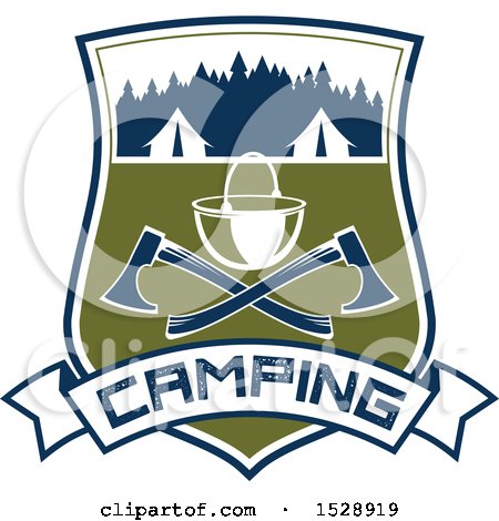 Clipart of a Camping Shield Design with Tents, a Pot and Crossed Axes over a Text Banner - Royalty Free Vector Illustration by Vector Tradition SM