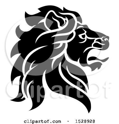 Clipart of a Black and White Noble Male Lion Head in Profile - Royalty Free Vector Illustration by AtStockIllustration