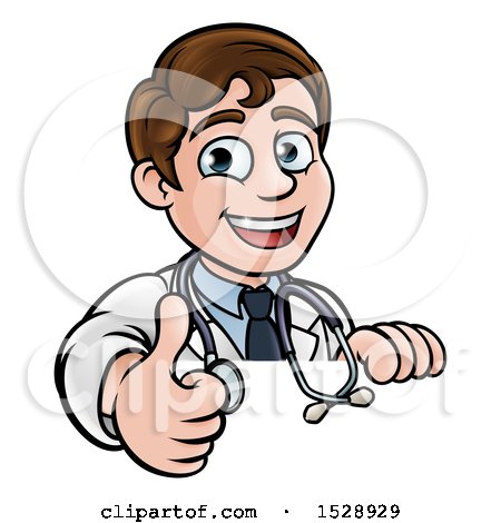 Clipart of a Cartoon Friendly Brunette White Male Doctor Giving a Thumb up over a Sign - Royalty Free Vector Illustration by AtStockIllustration