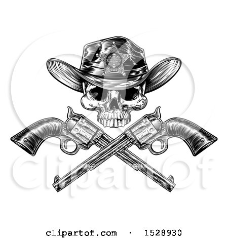 Clipart of a Cowboy Sheriff Skull over Crossed Guns in Black and White - Royalty Free Vector Illustration by AtStockIllustration