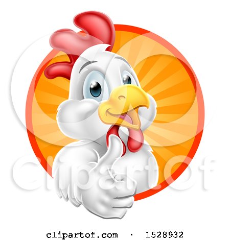 Clipart of a White Chicken Giving a Thumb up and Emerging from a Circle of Sun Rays - Royalty Free Vector Illustration by AtStockIllustration