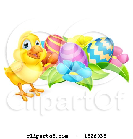 Clipart of a Yellow Chick with Easter Eggs and Flowers - Royalty Free Vector Illustration by AtStockIllustration