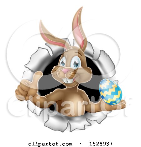 Clipart of a Brown Easter Bunny Rabbit Giving a Thumb up and Holding an Egg While Emerging from a Hole - Royalty Free Vector Illustration by AtStockIllustration
