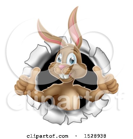 Clipart of a Brown Easter Bunny Rabbit Giving Two Thumbs up and Emerging from a Hole - Royalty Free Vector Illustration by AtStockIllustration