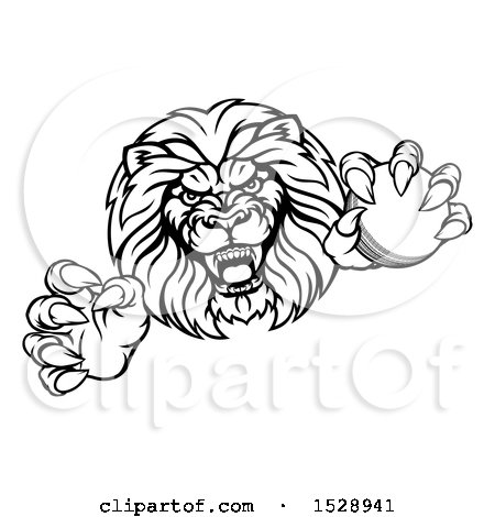 Clipart of a Black and White Tough Clawed Male Lion Monster Mascot Holding a Cricket Ball - Royalty Free Vector Illustration by AtStockIllustration