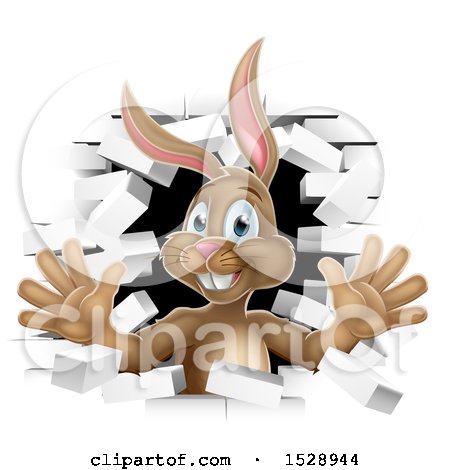 Clipart of a Brown Easter Bunny Rabbit Breaking Through a White Brick Wall - Royalty Free Vector Illustration by AtStockIllustration