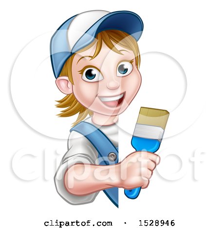Clipart of a Cartoon Happy Female Painter Holding a Brush Around a Sign - Royalty Free Vector Illustration by AtStockIllustration