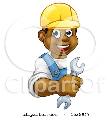 Clipart of a Cartoon Happy Black Male Plumber Holding a Wrench Around a Sign - Royalty Free Vector Illustration by AtStockIllustration