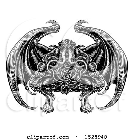 Clipart of a Black and White Retro Woodcut Cthulhu Octopus Monster with Wings - Royalty Free Vector Illustration by AtStockIllustration