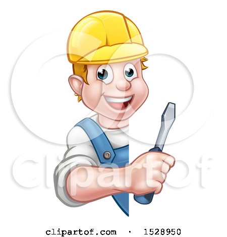Clipart of a White Male Electrician Holding a Screwdriver Around a Sign - Royalty Free Vector Illustration by AtStockIllustration