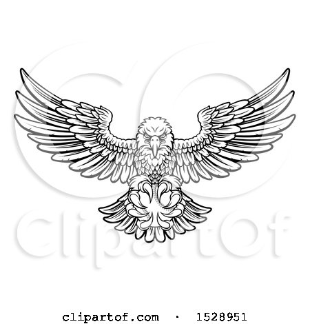 Clipart of a Black and White Swooping American Bald Eagle with a Baseball in His Talons - Royalty Free Vector Illustration by AtStockIllustration