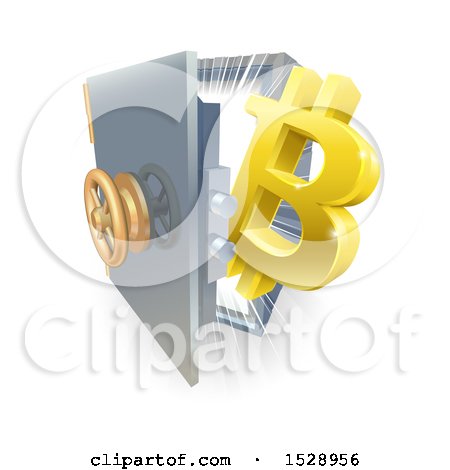 Clipart of a 3d Gold Bitcoin Currency Symbol and Light Emerging from a Safe Vault - Royalty Free Vector Illustration by AtStockIllustration