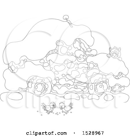 Clipart of a Black and White Car Buried in Snow, with a Cat Peeking over the Hood to Watch Birds - Royalty Free Vector Illustration by Alex Bannykh