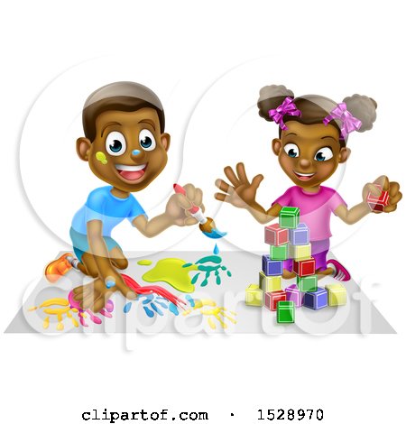 Clipart of a Happy Black Boy Painting and Girl Playing with Blocks - Royalty Free Vector Illustration by AtStockIllustration