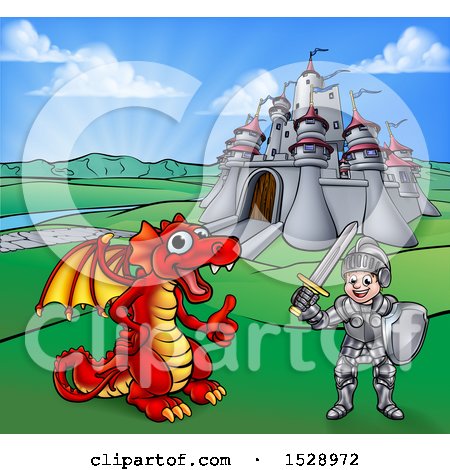 Clipart of a Knight and Dragon by a Castle - Royalty Free Vector Illustration by AtStockIllustration