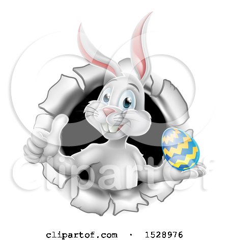 Clipart of a White Easter Bunny Rabbit Giving a Thumb up and Holding an Egg While Emerging from a Hole - Royalty Free Vector Illustration by AtStockIllustration
