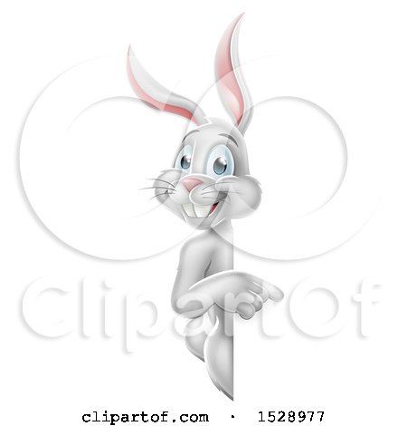 Clipart of a Happy White Easter Bunny Rabbit Pointing Around a Sign - Royalty Free Vector Illustration by AtStockIllustration